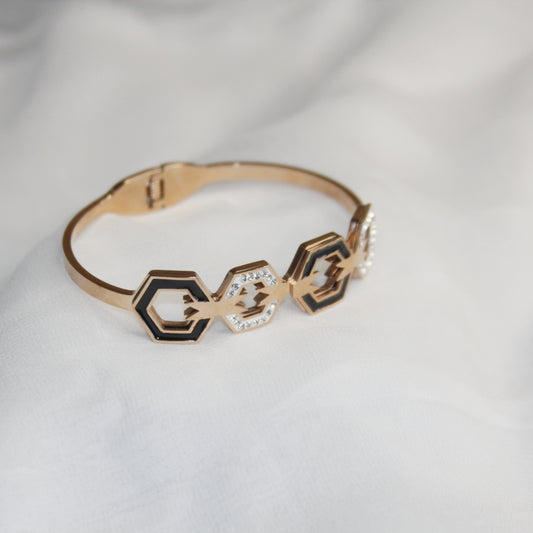 Stainless Steel Rose Gold plated Four Geometry Hexagon connected inlaid CZ bracelet