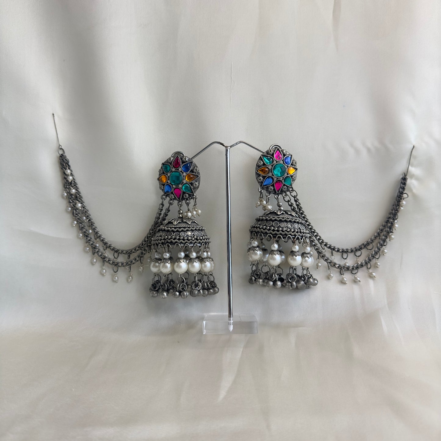 Multicolor Oxidized Jhumka with Chain