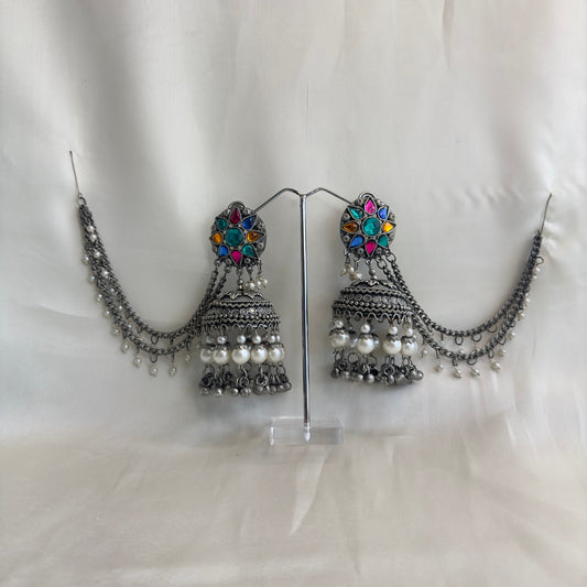 Multicolor Oxidized Jhumka with Chain