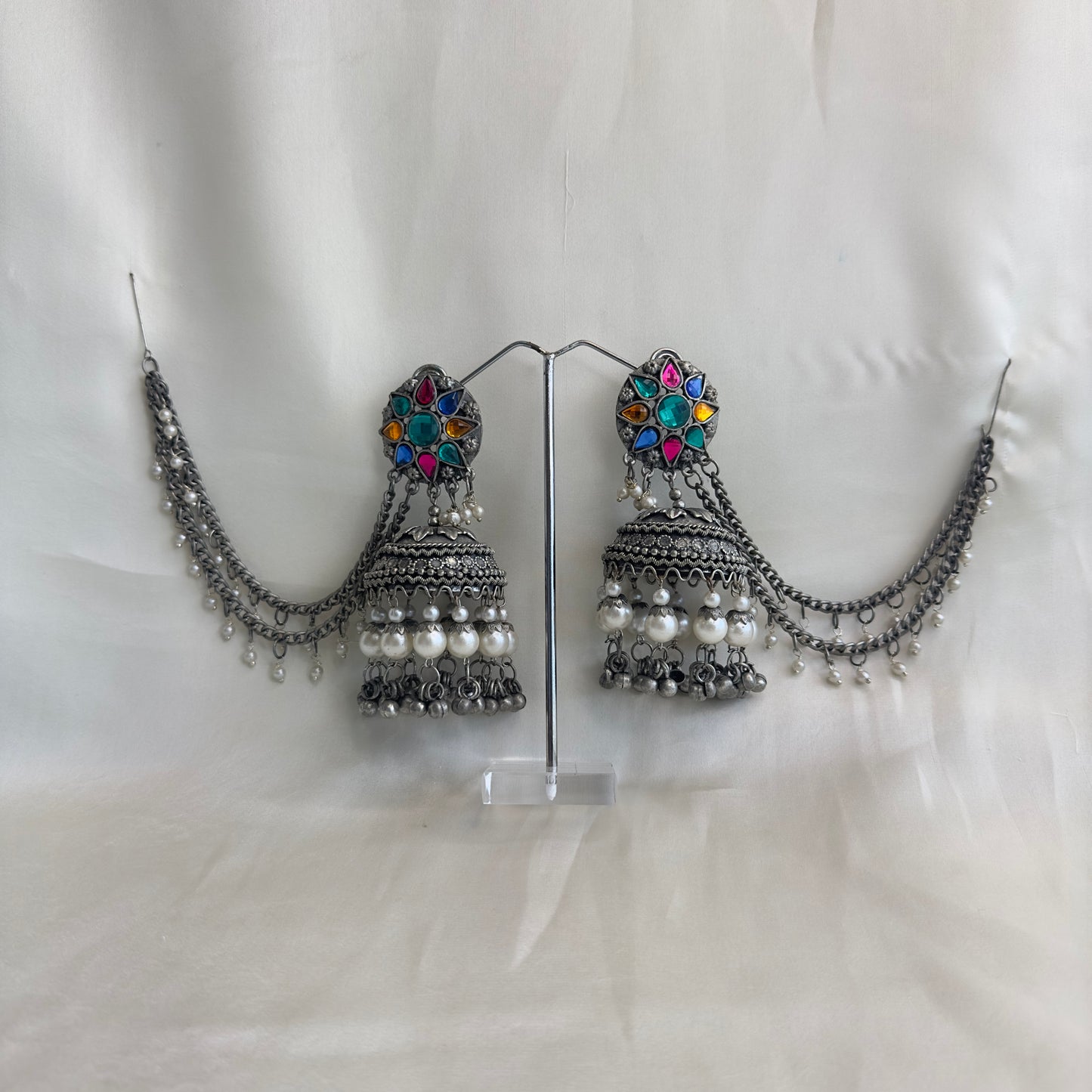 Multicolor Oxidized Jhumka with Chain