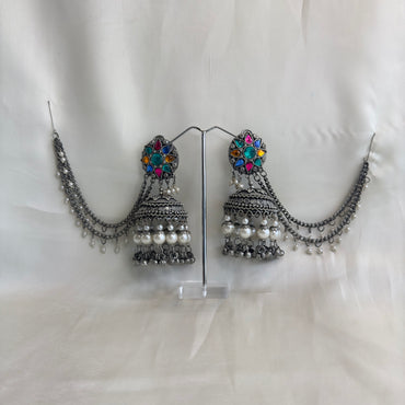 Multicolor Oxidized Jhumka with Chain