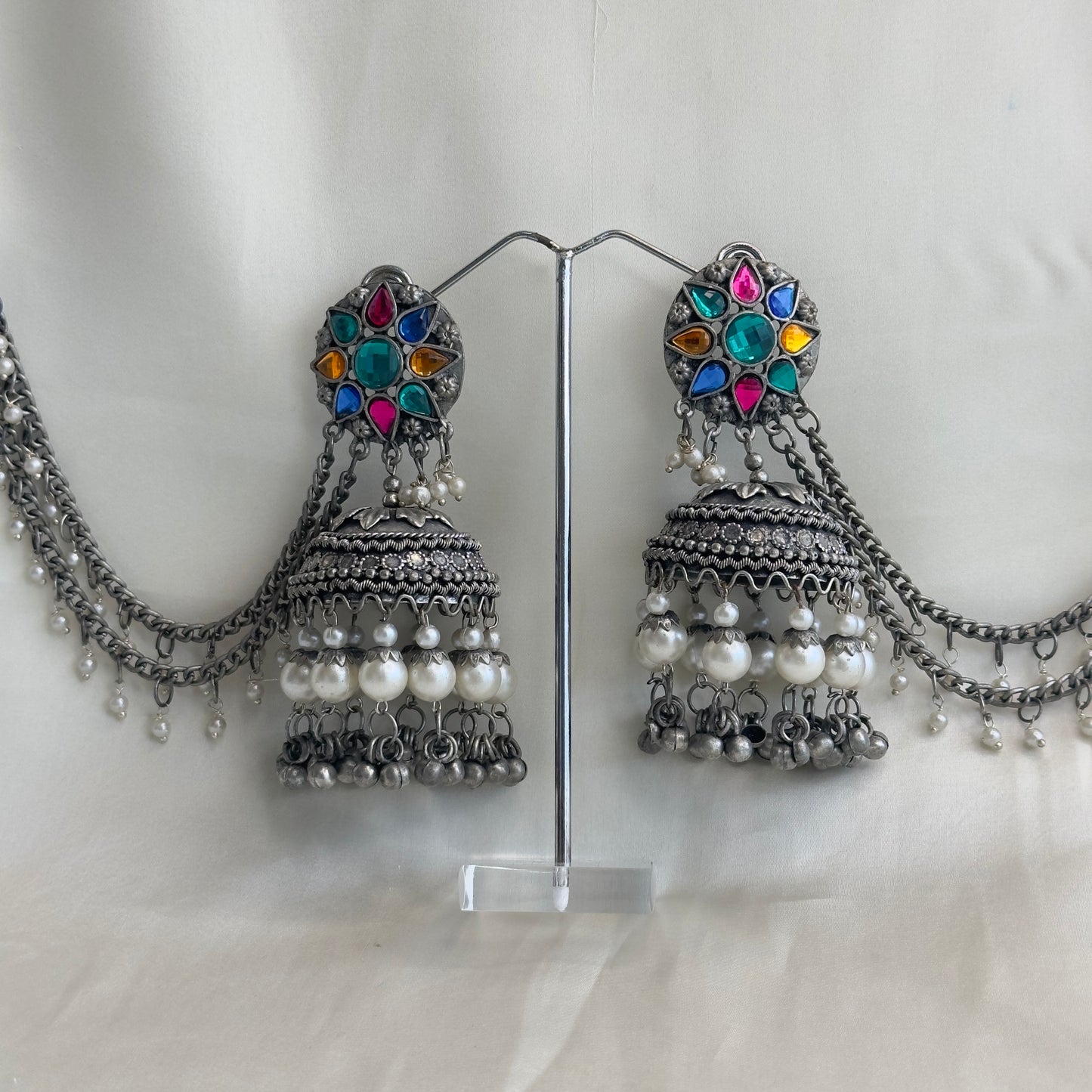 Multicolor Oxidized Jhumka with Chain