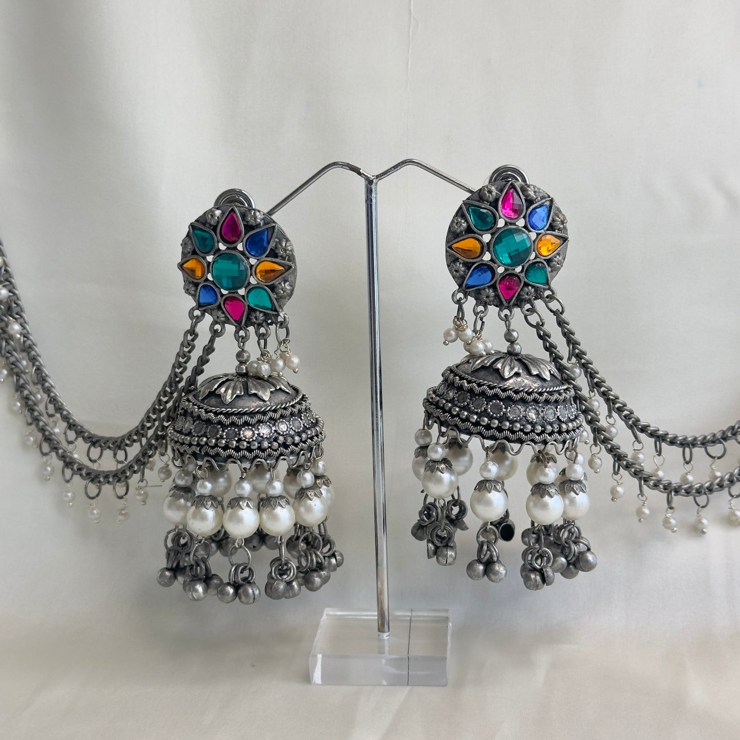 Multicolor Oxidized Jhumka with Chain