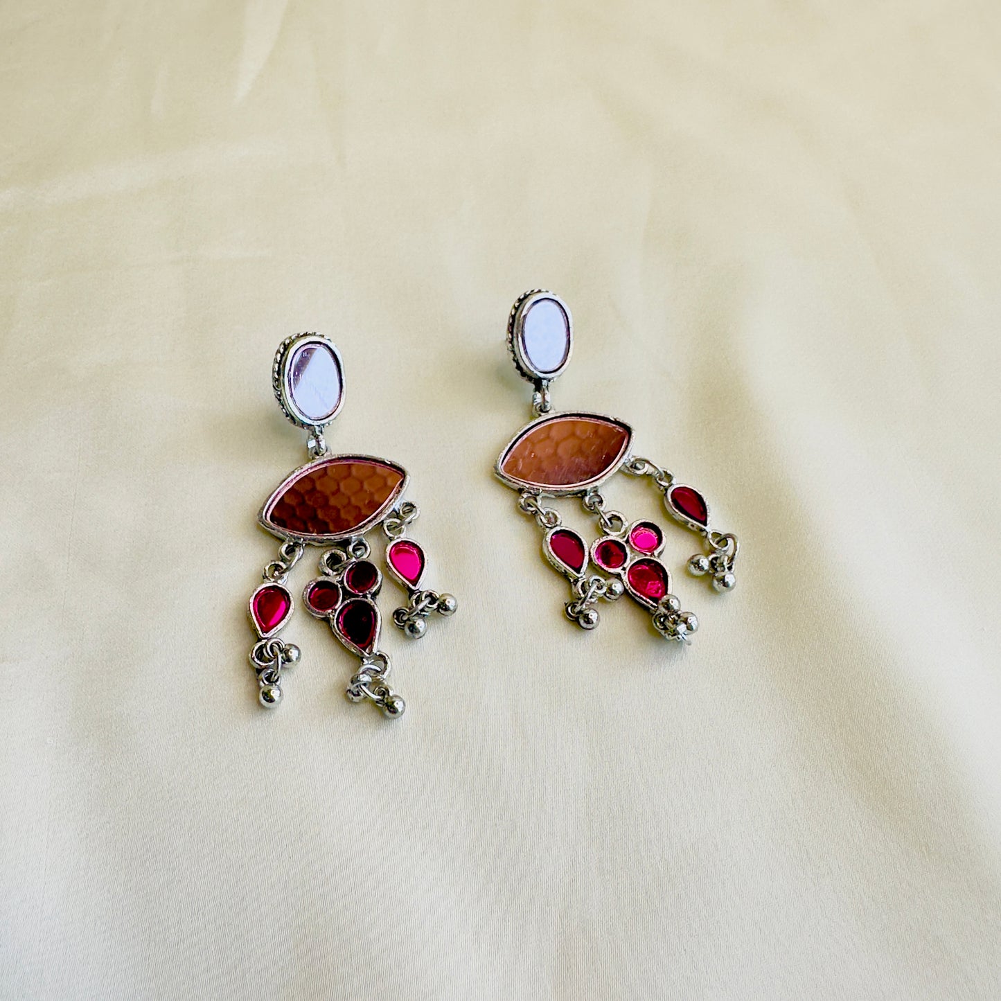 Pink Mirror Work Oxidized Earrings