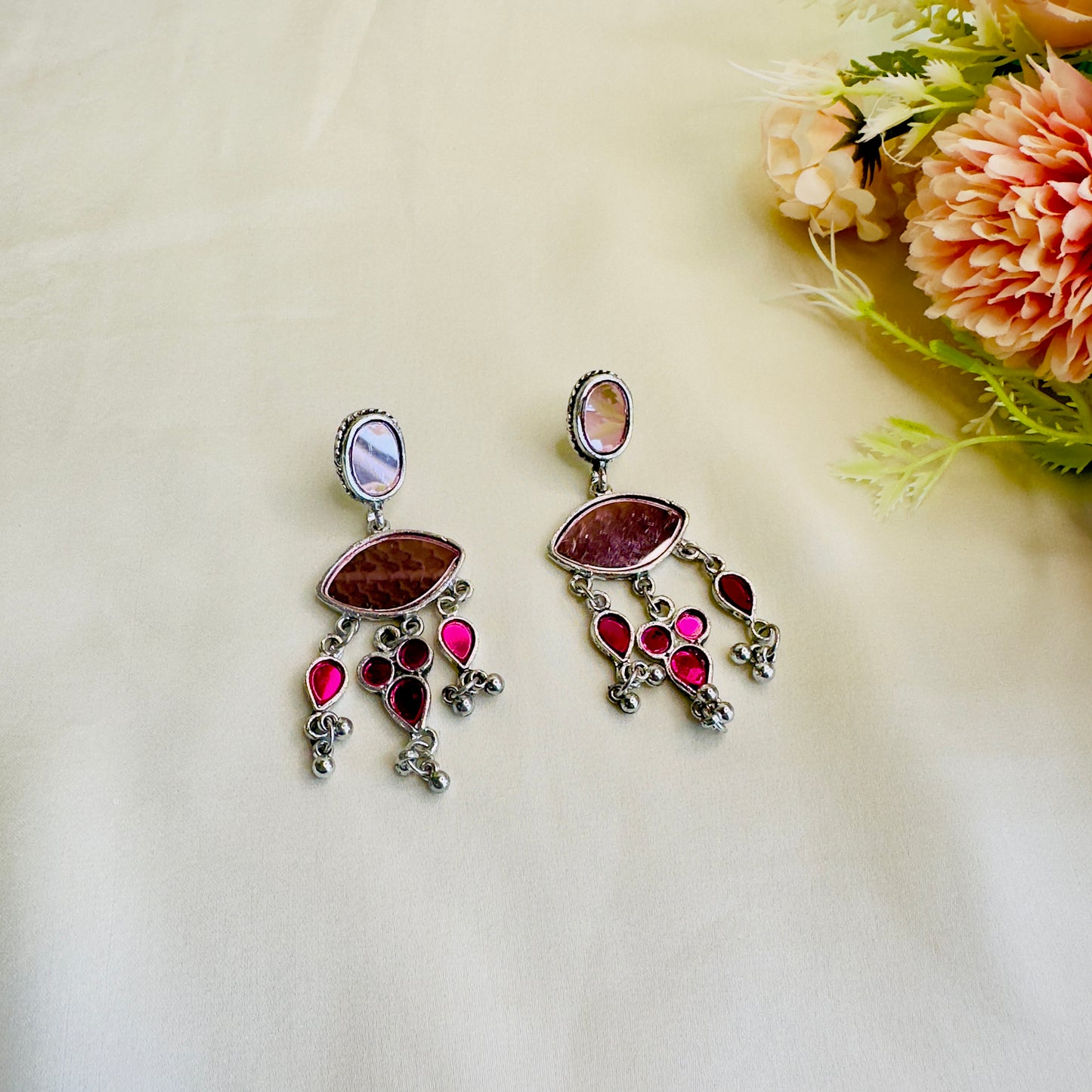 Pink Mirror Work Oxidized Earrings