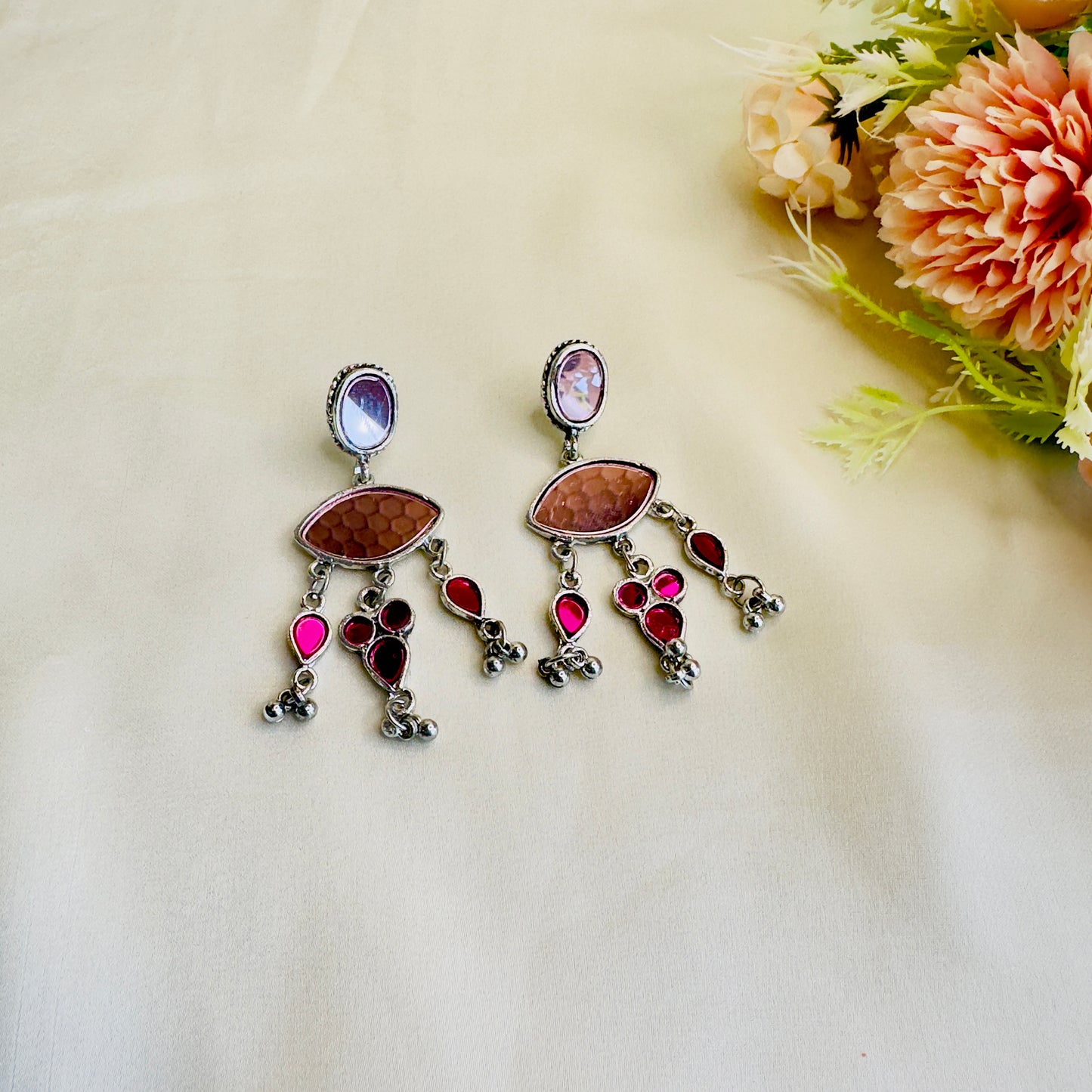 Pink Mirror Work Oxidized Earrings
