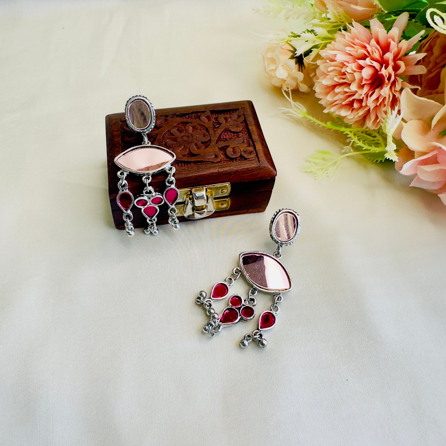 Pink Mirror Work Oxidized Earrings