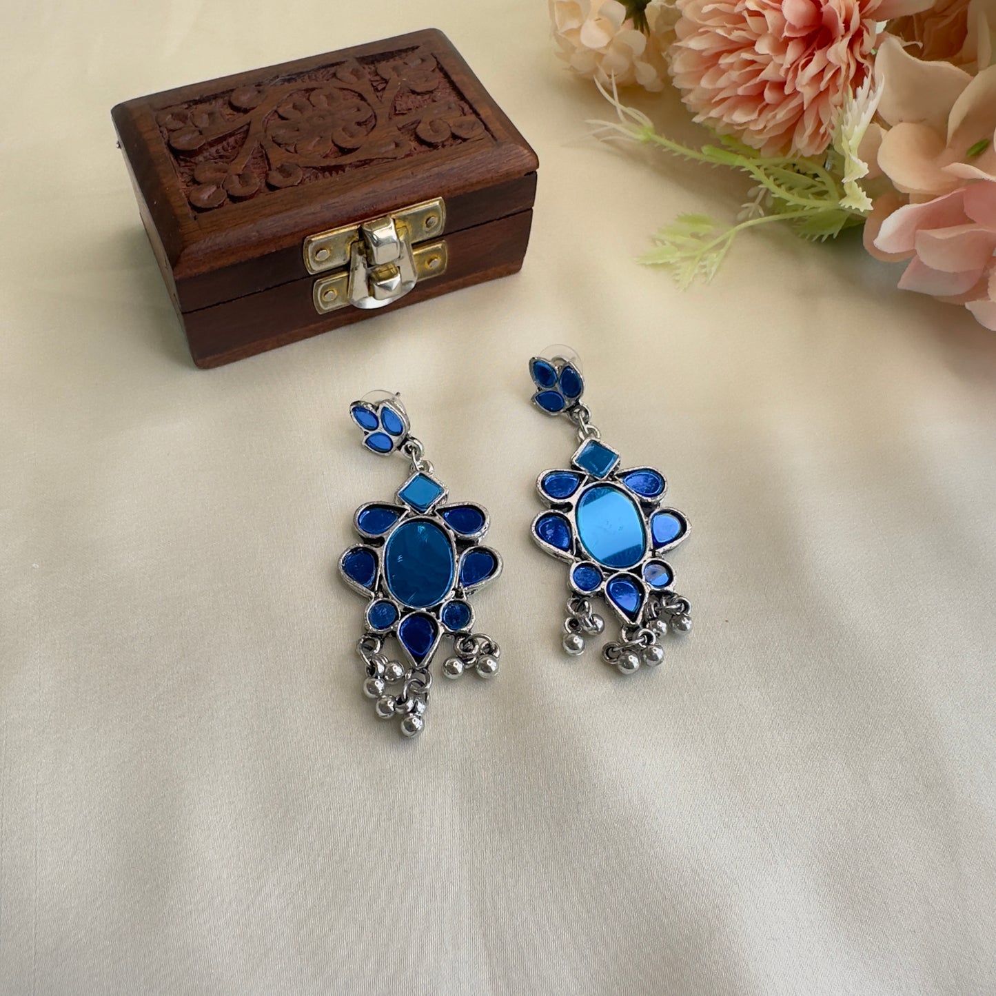 Blue Mirror work Oxidized Danglers