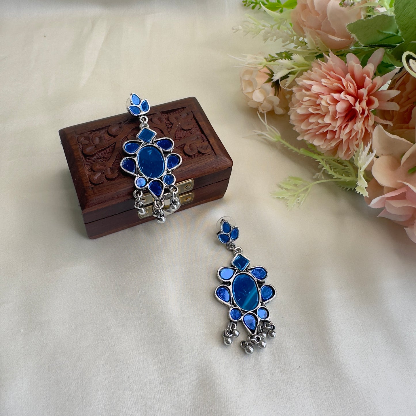 Blue Mirror work Oxidized Danglers