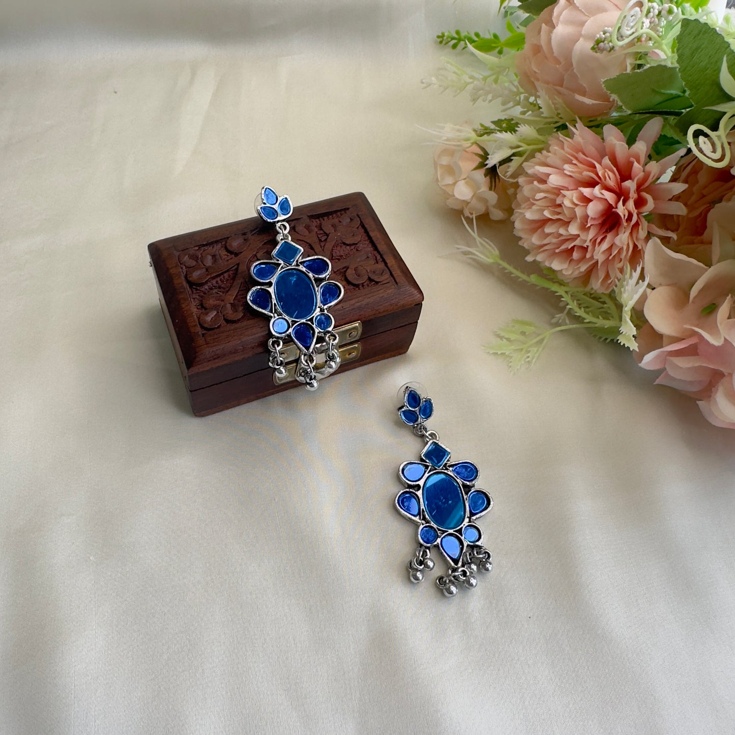 Blue Mirror work Oxidized Danglers