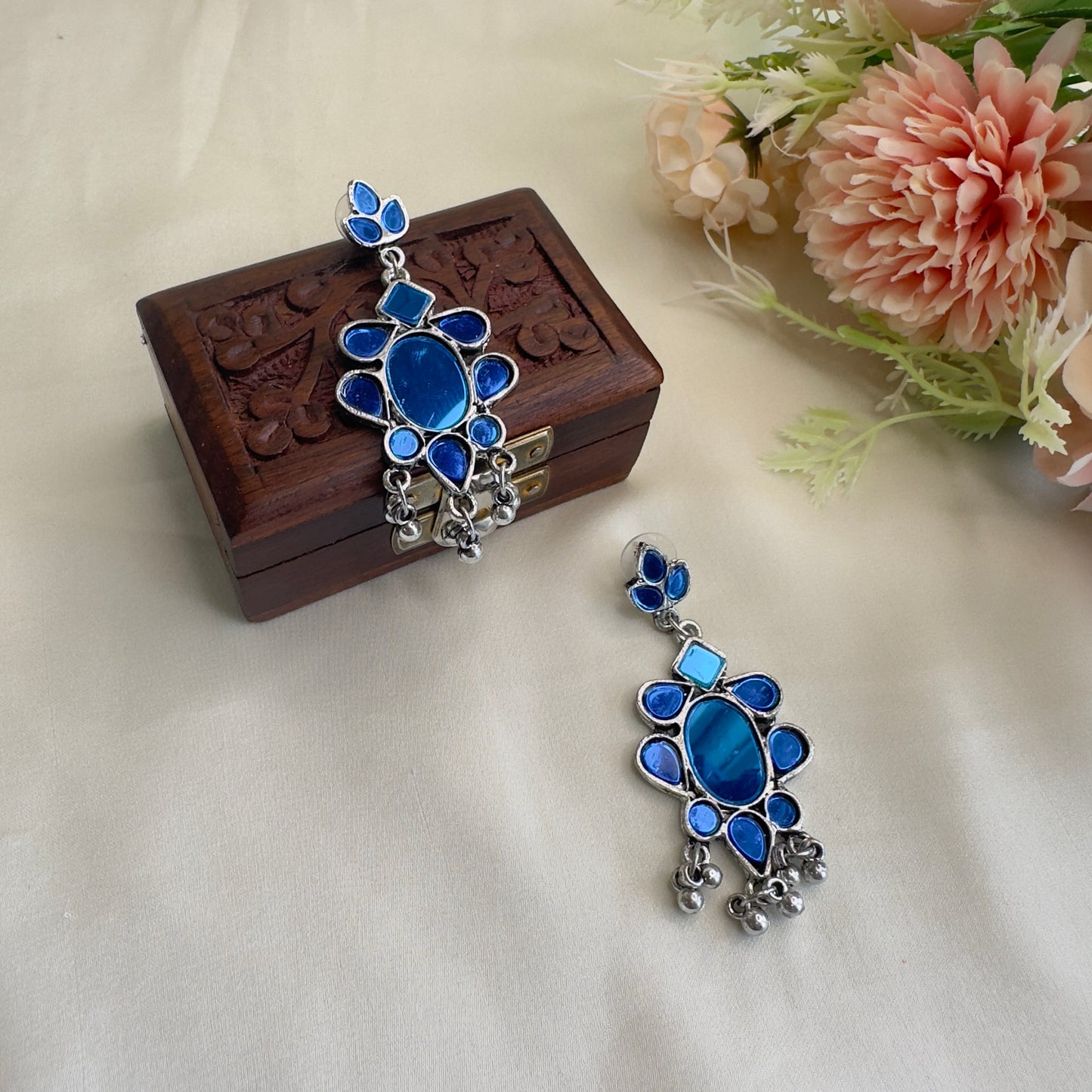 Blue Mirror work Oxidized Danglers