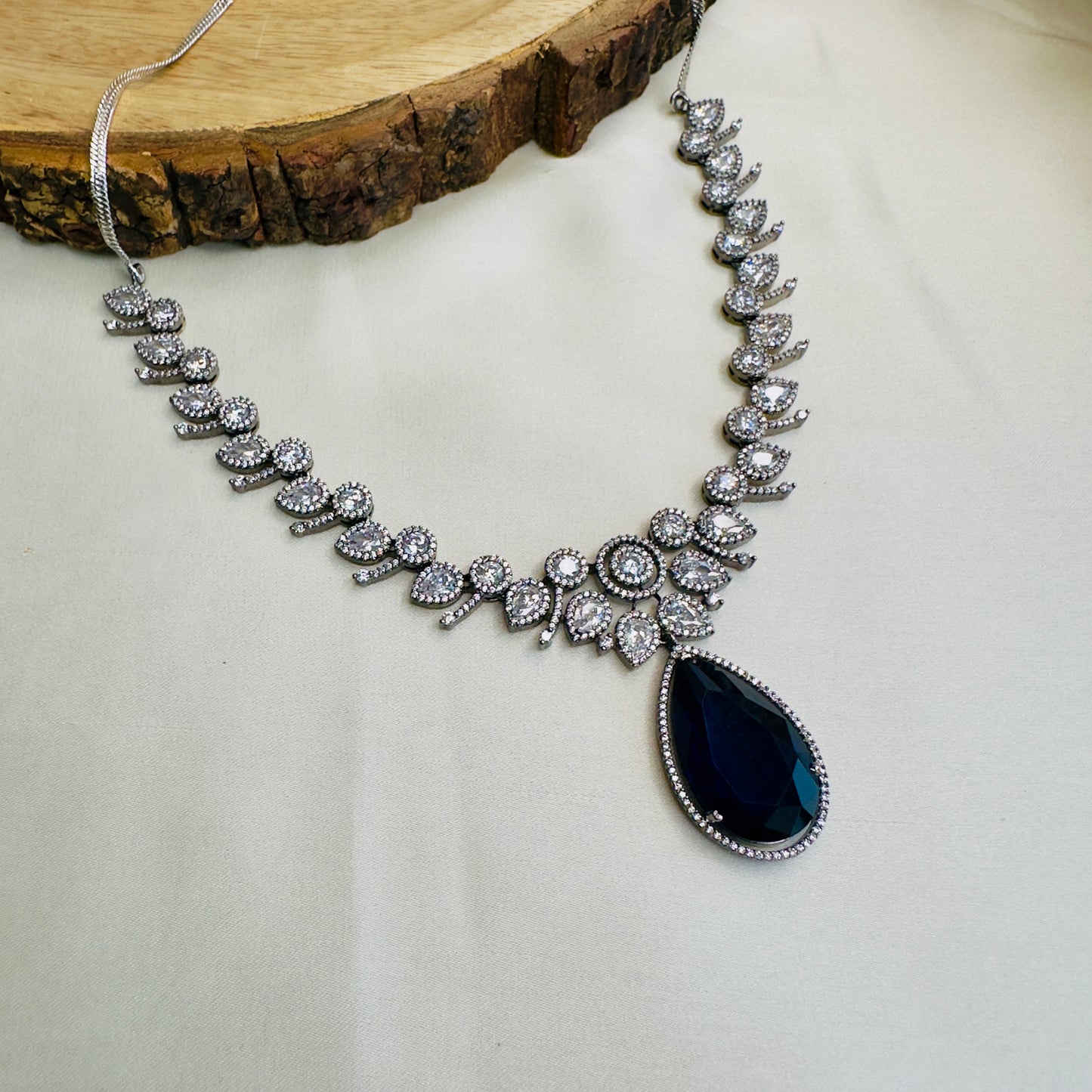 3A CZ single line with blue pendant Necklace set