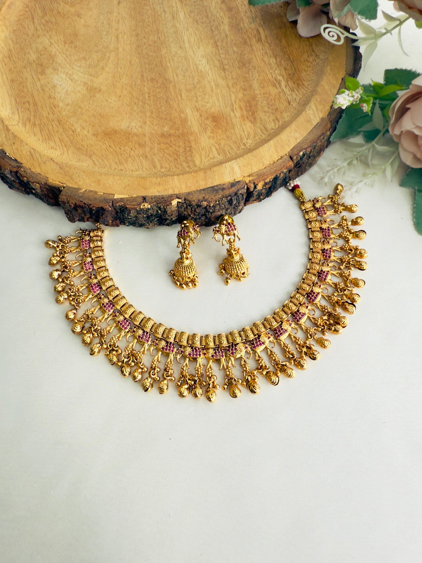Elephant Motif Ruby AD Necklace Set
