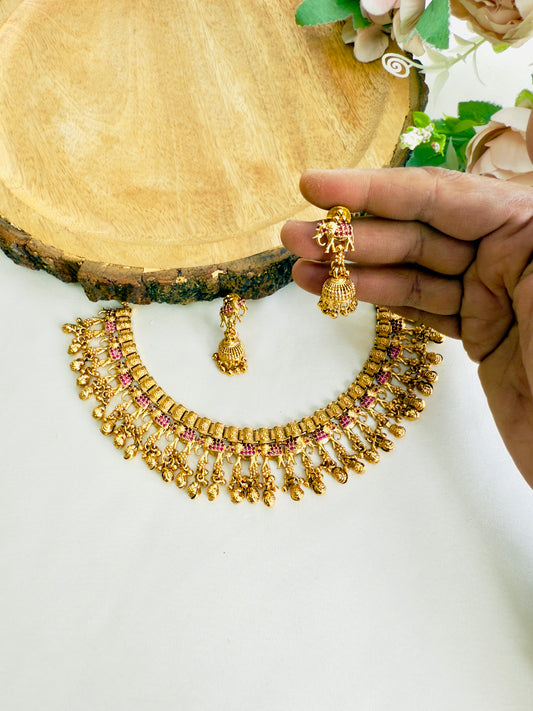 Elephant Motif Ruby AD Necklace Set