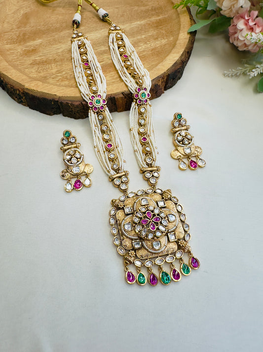 White Piroyee Kundan Long Necklace Set