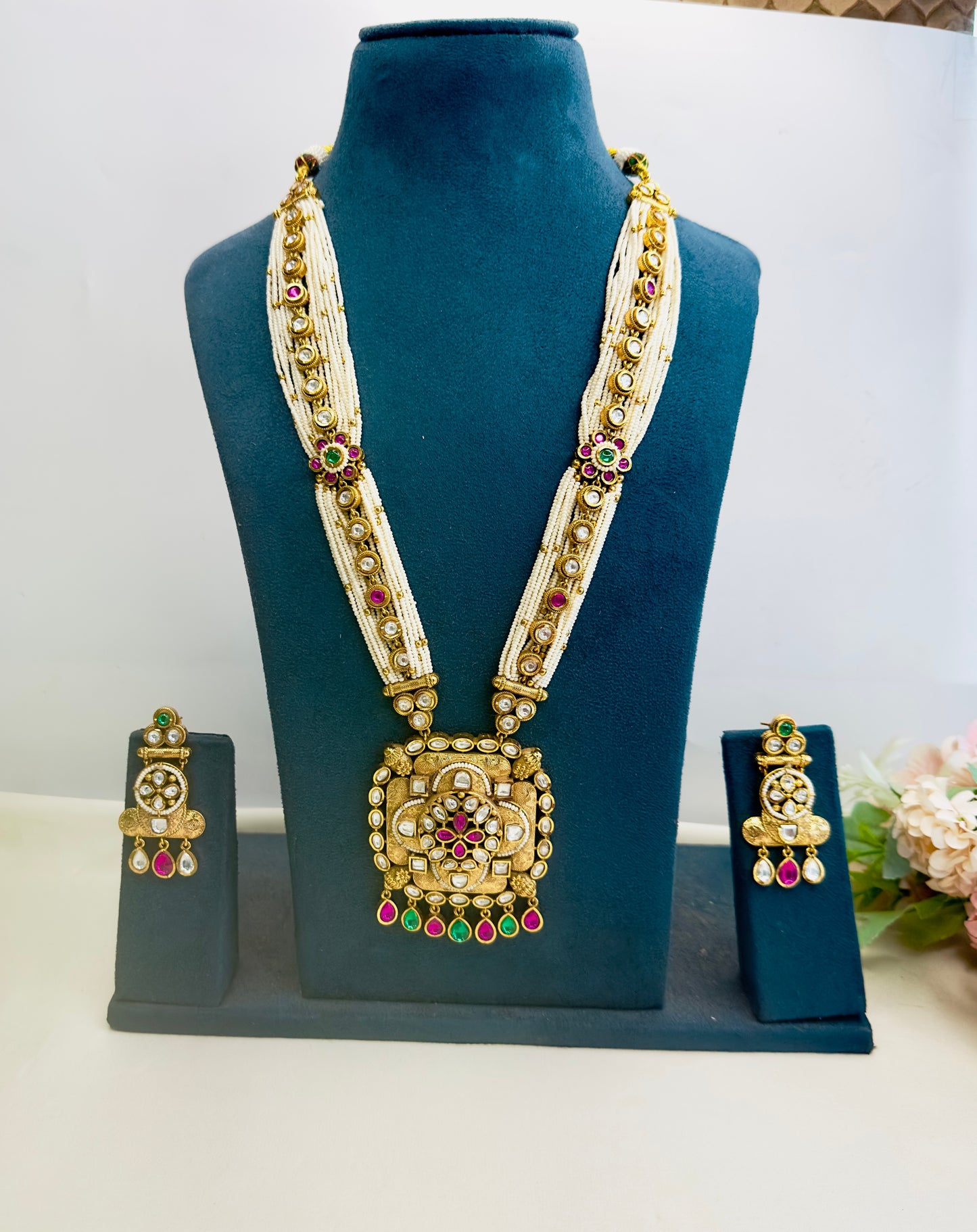 White Piroyee Kundan Long Necklace Set
