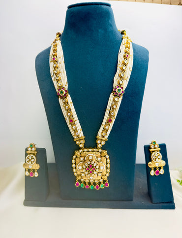 White Piroyee Kundan Long Necklace Set