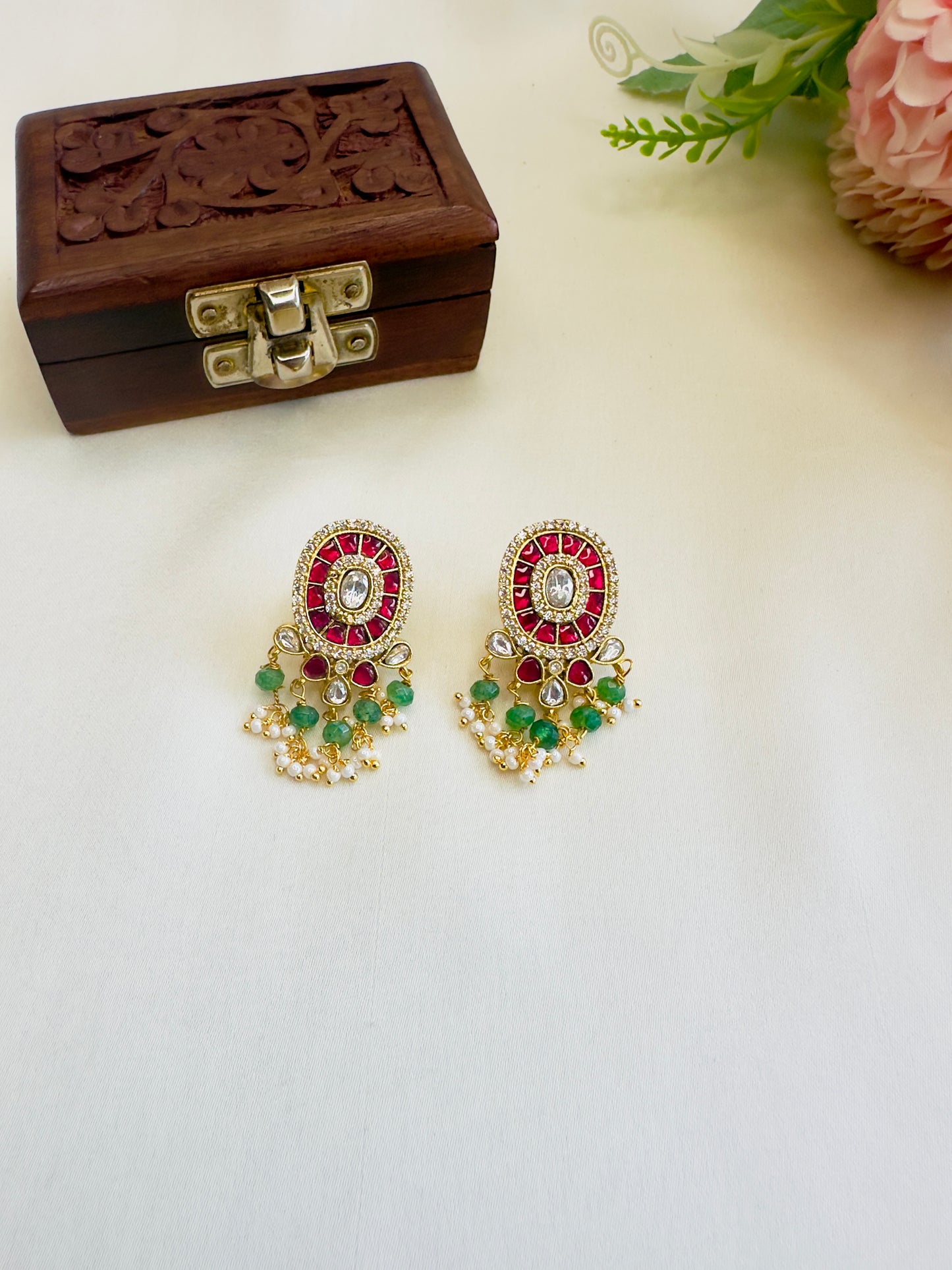 Jadau Ruby Green Studs Earrings
