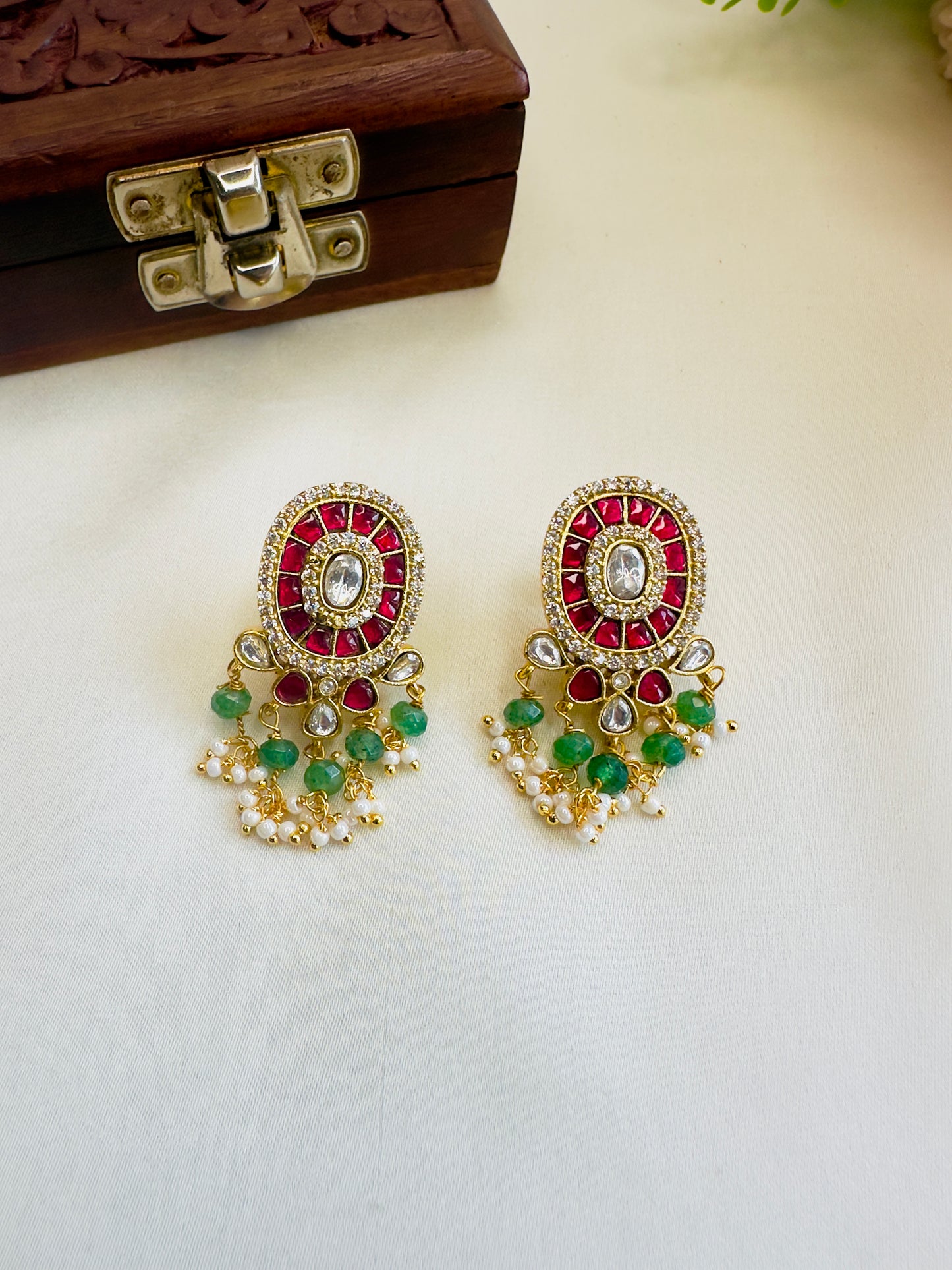 Jadau Ruby Green Studs Earrings