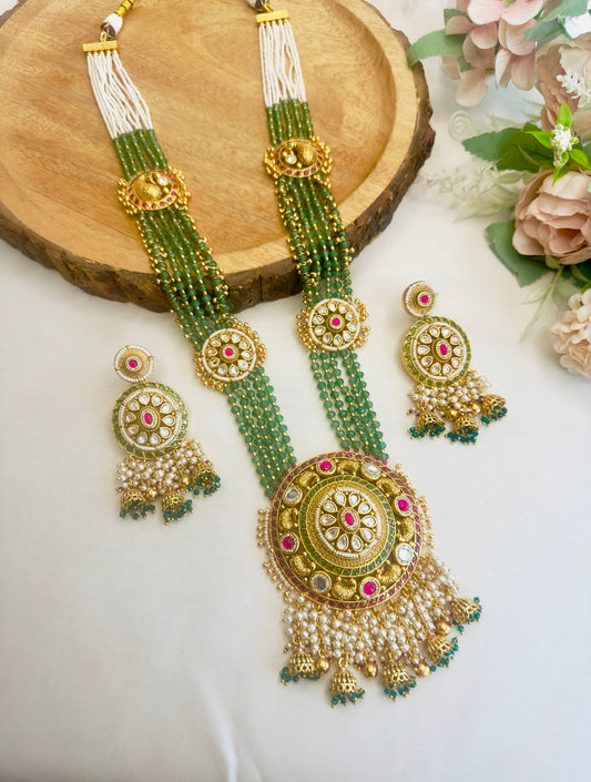 Big Oval Pendant Long Rajwadi Necklace Set