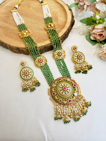 Big Oval Pendant Long Rajwadi Necklace Set