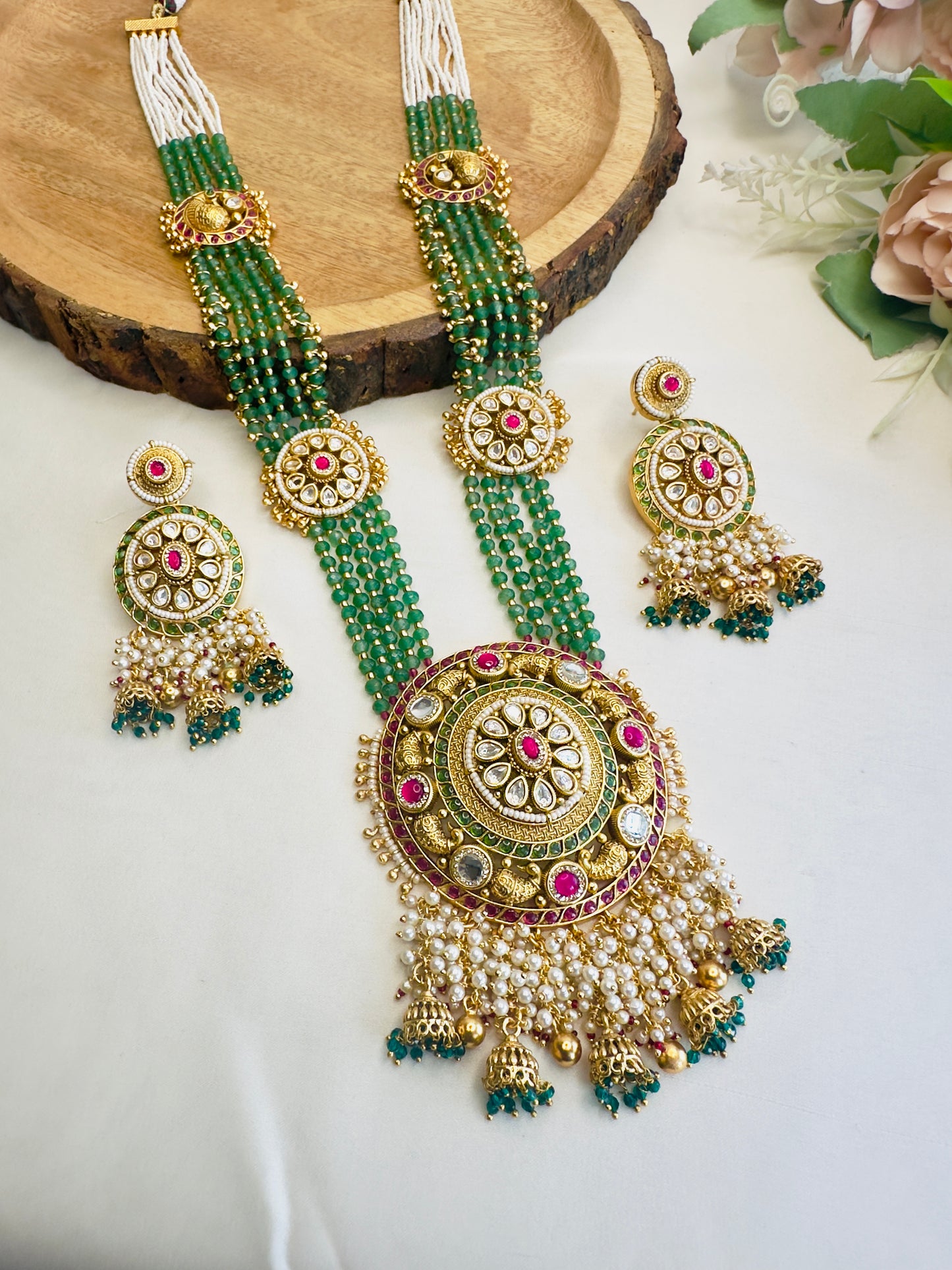 Big Oval Pendant Long Rajwadi Necklace Set