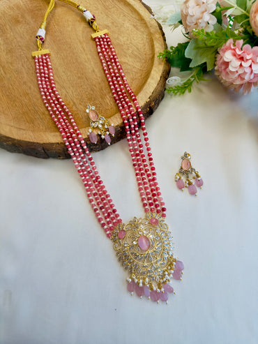 Pink Beads Polki Pendant Necklace Set