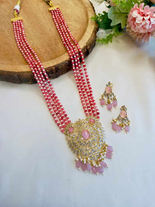 Pink Beads Polki Pendant Necklace Set