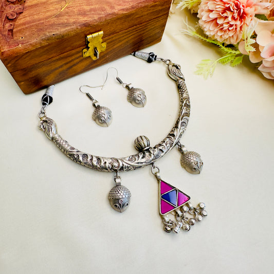 Mirror Work Carving Silver Hasli