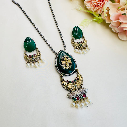 Long Dual Tone Silver Chain Pendant