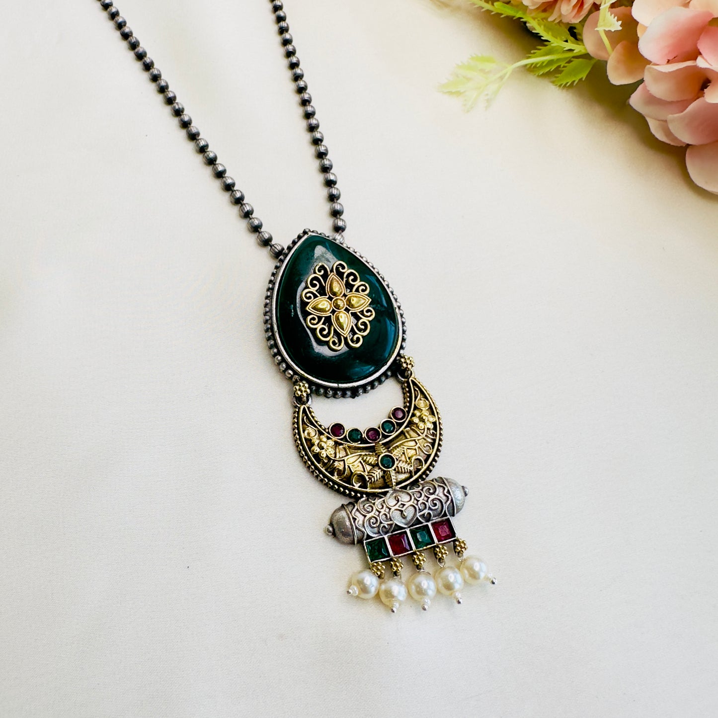 Long Dual Tone Silver Chain Pendant
