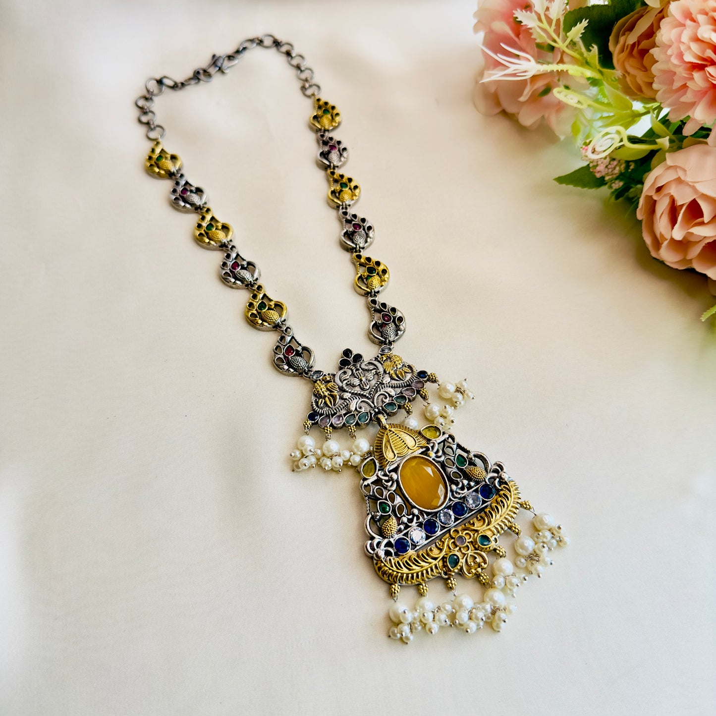 Peacock Design Multicolor Silver Necklace Set