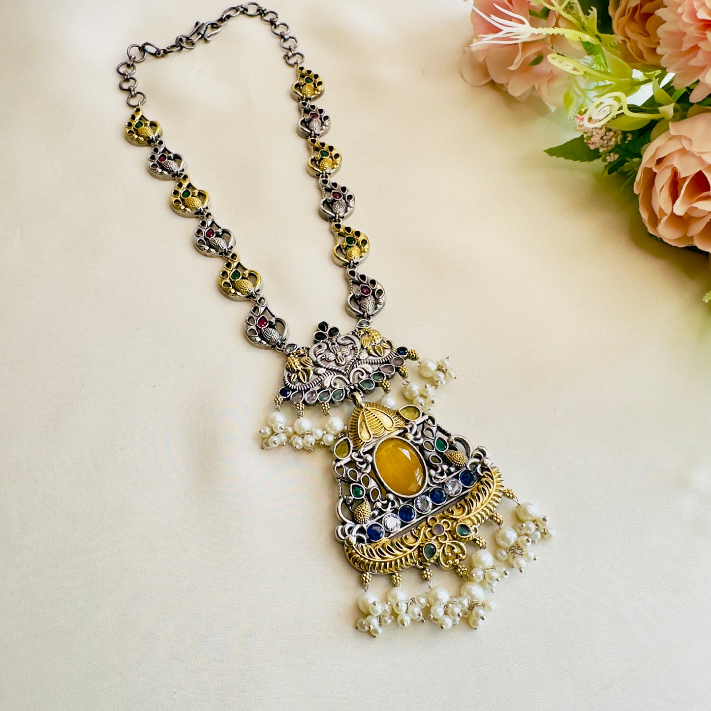 Peacock Design Multicolor Silver Necklace Set