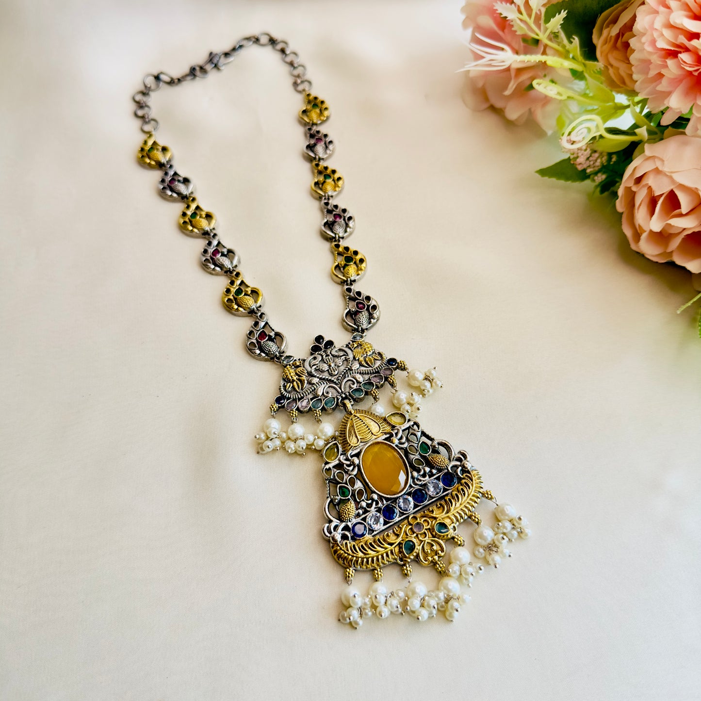 Peacock Design Multicolor Silver Necklace Set