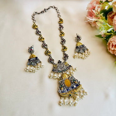 Peacock Design Multicolor Silver Necklace Set