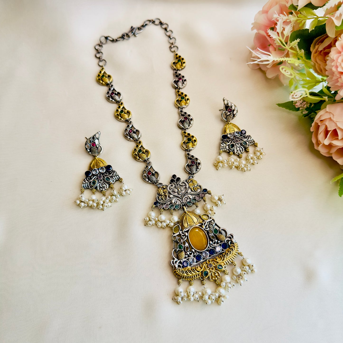 Peacock Design Multicolor Silver Necklace Set