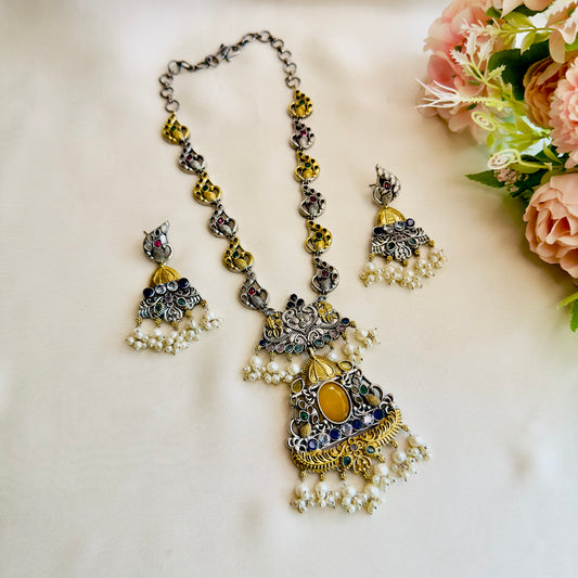 Peacock Design Multicolor Silver Necklace Set