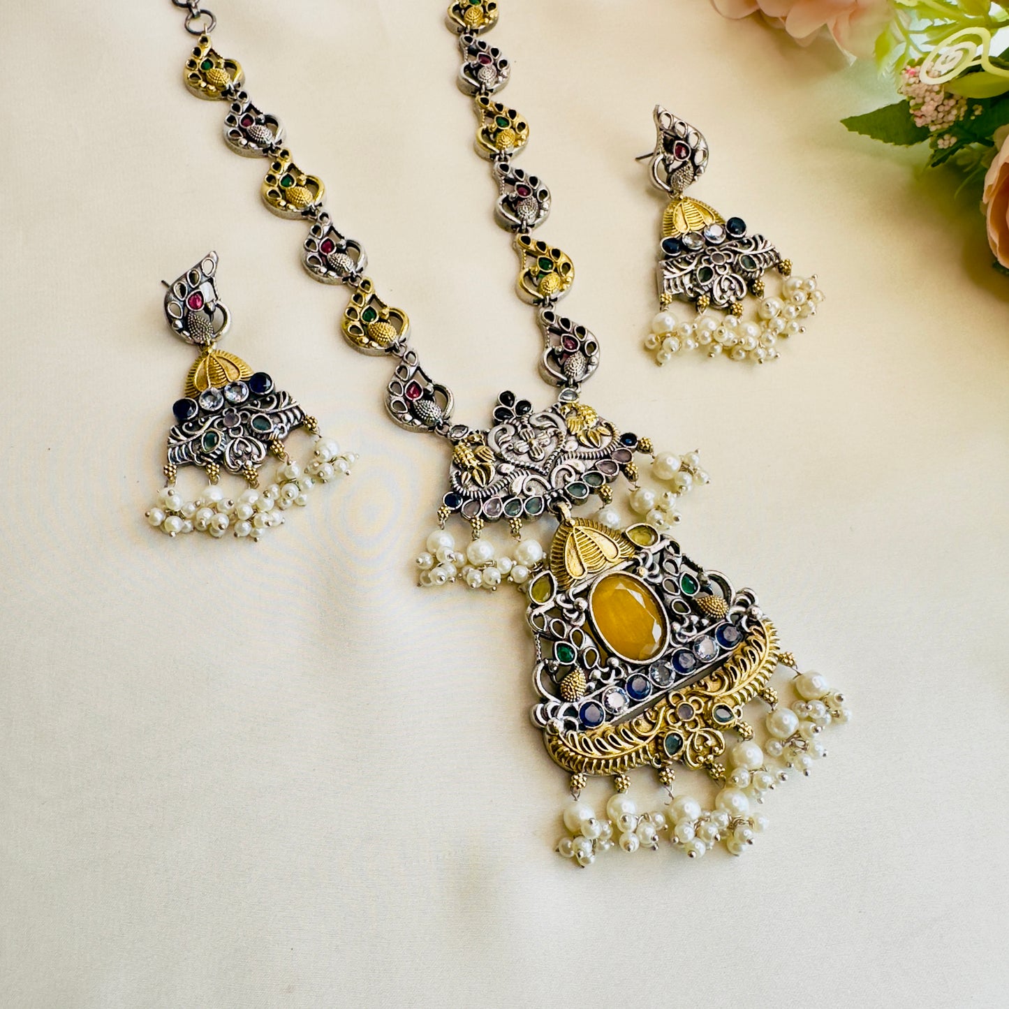 Peacock Design Multicolor Silver Necklace Set