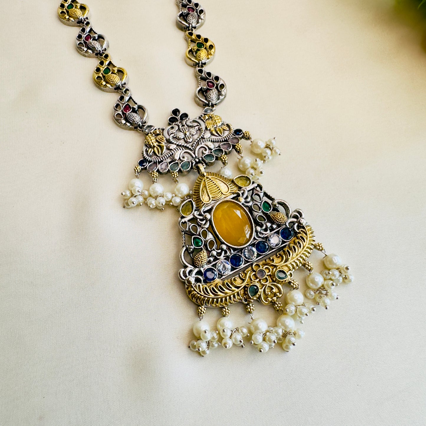 Peacock Design Multicolor Silver Necklace Set