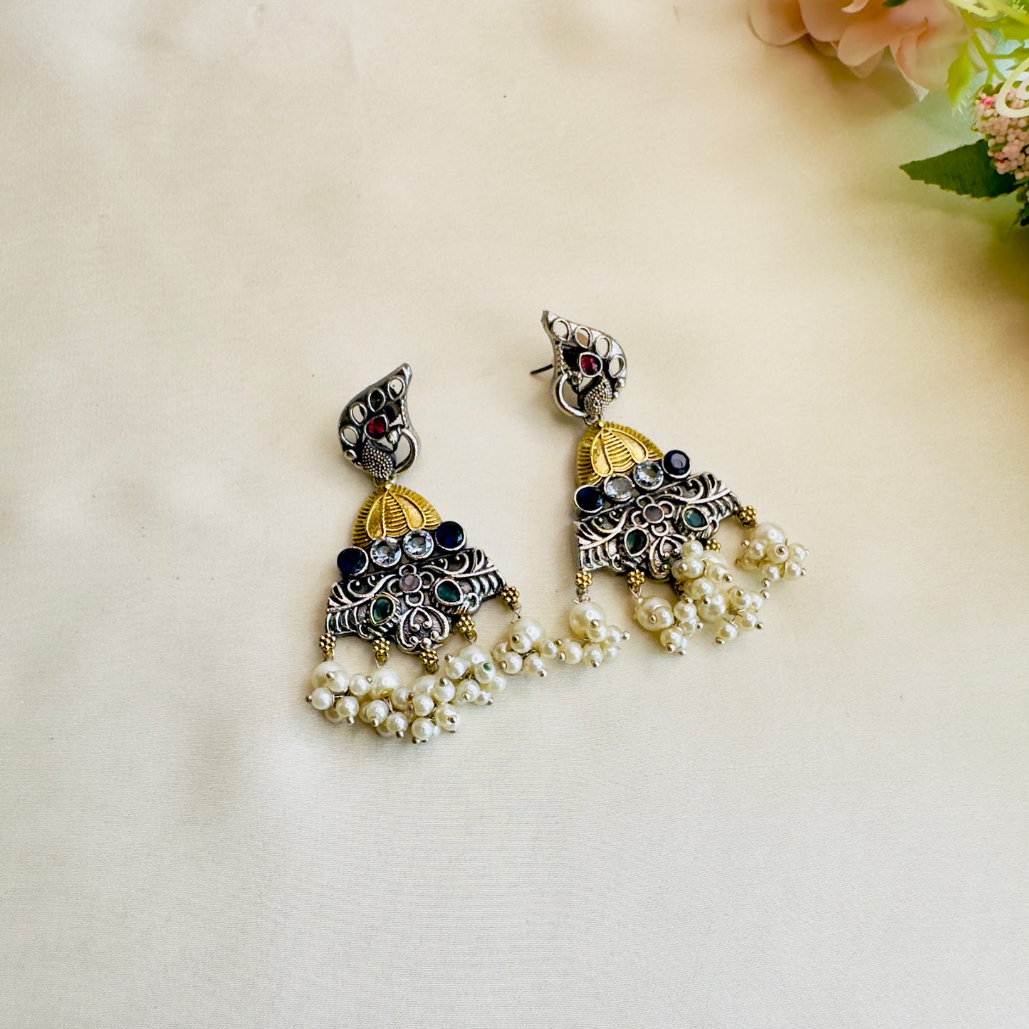 Peacock Design Multicolor Silver Necklace Set