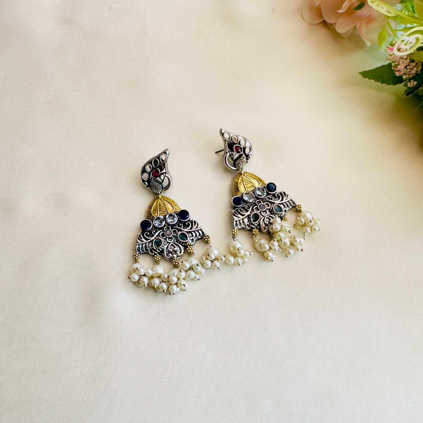 Peacock Design Multicolor Silver Necklace Set