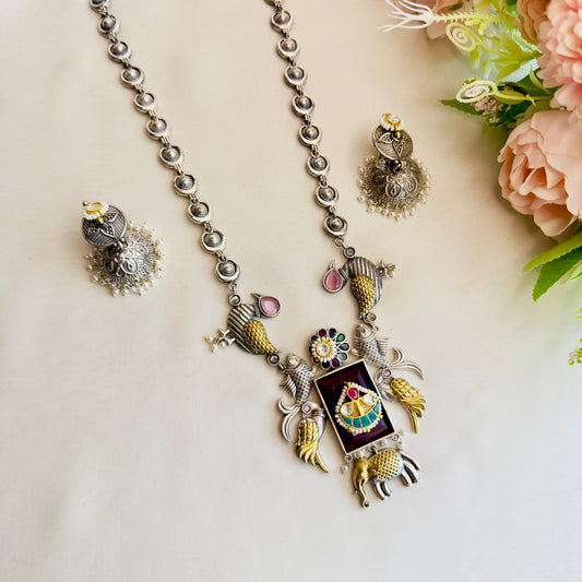 Fish Motif Multicolor Pachi Kundan Silver Necklace Set