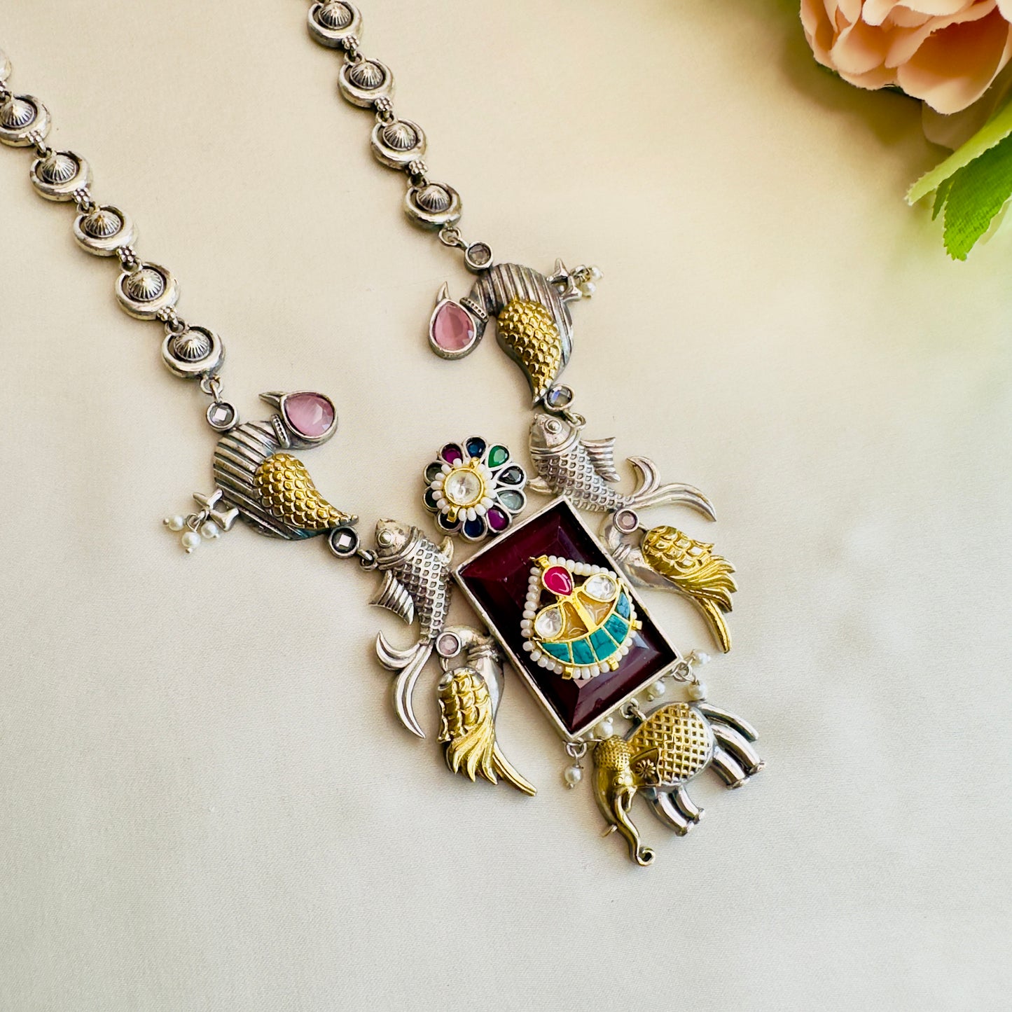 Fish Motif Multicolor Pachi Kundan Silver Necklace Set