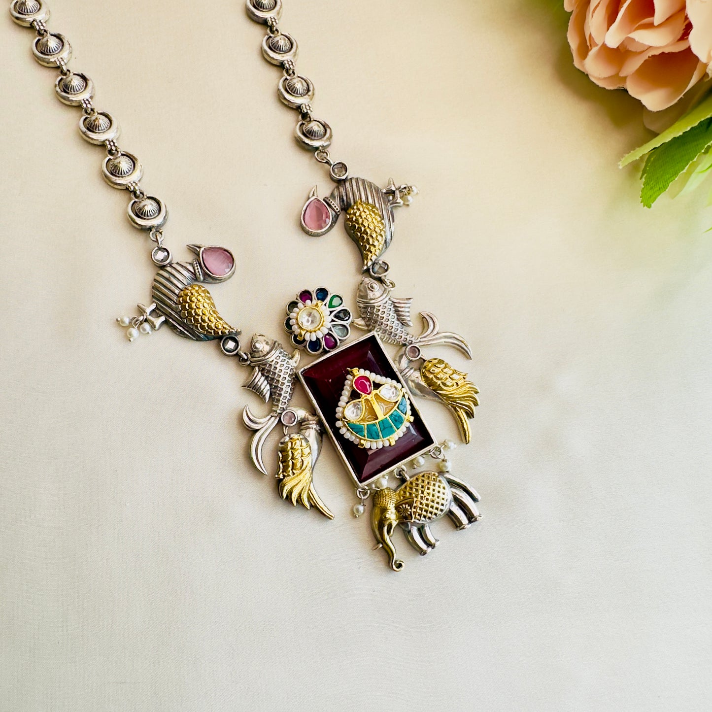 Fish Motif Multicolor Pachi Kundan Silver Necklace Set