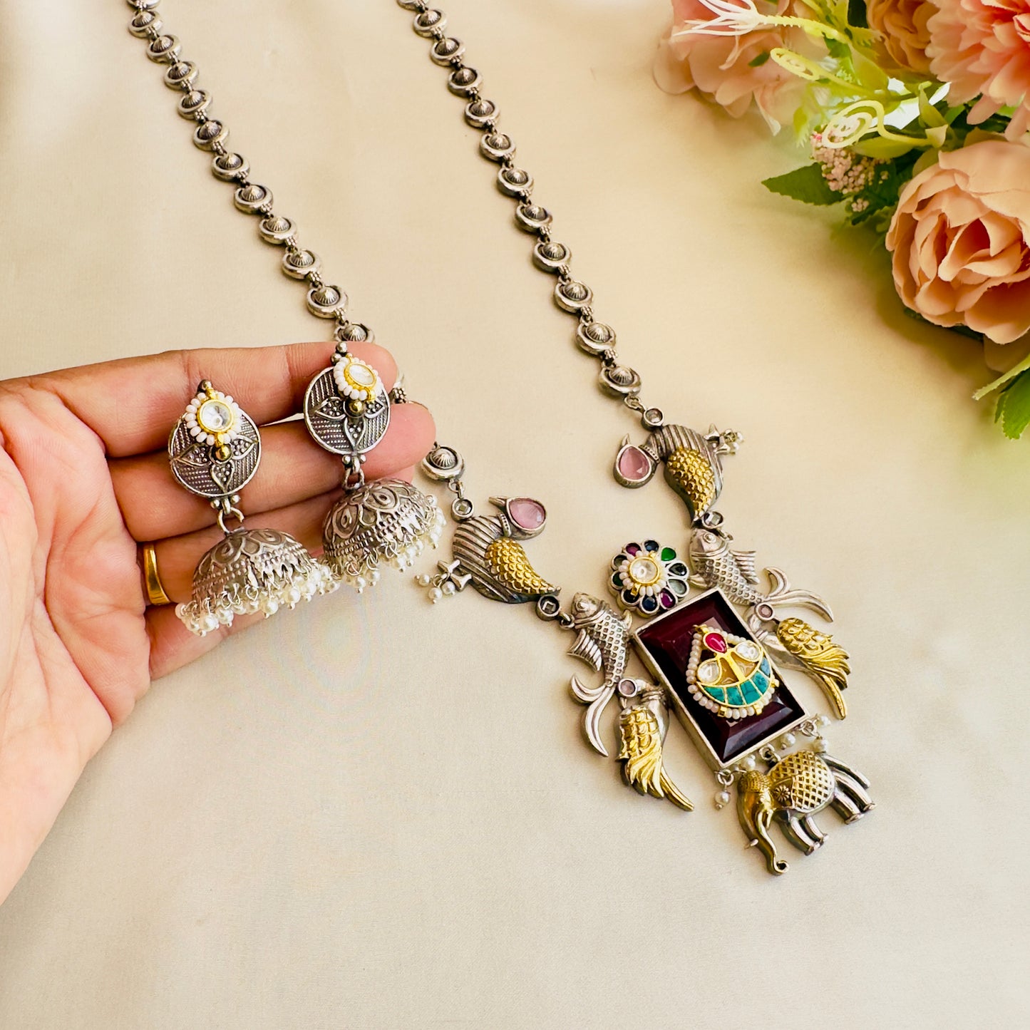 Fish Motif Multicolor Pachi Kundan Silver Necklace Set