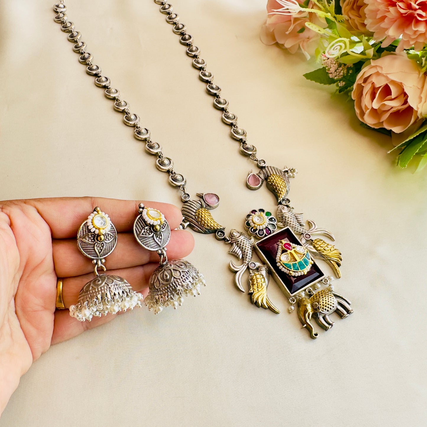 Fish Motif Multicolor Pachi Kundan Silver Necklace Set