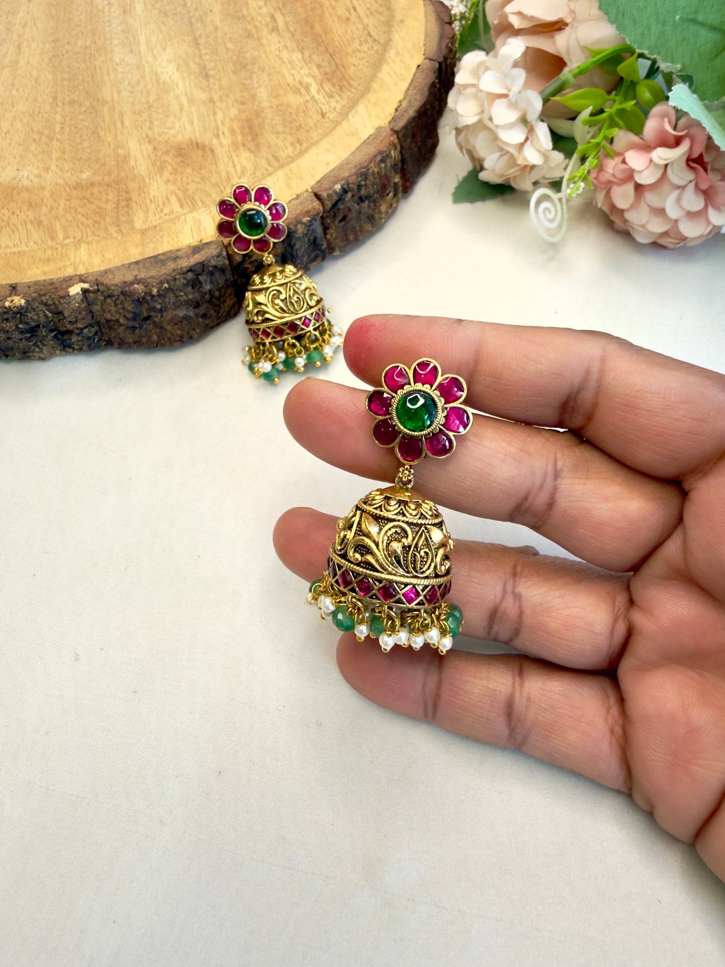 Flower Jadau Jhumki Earrings