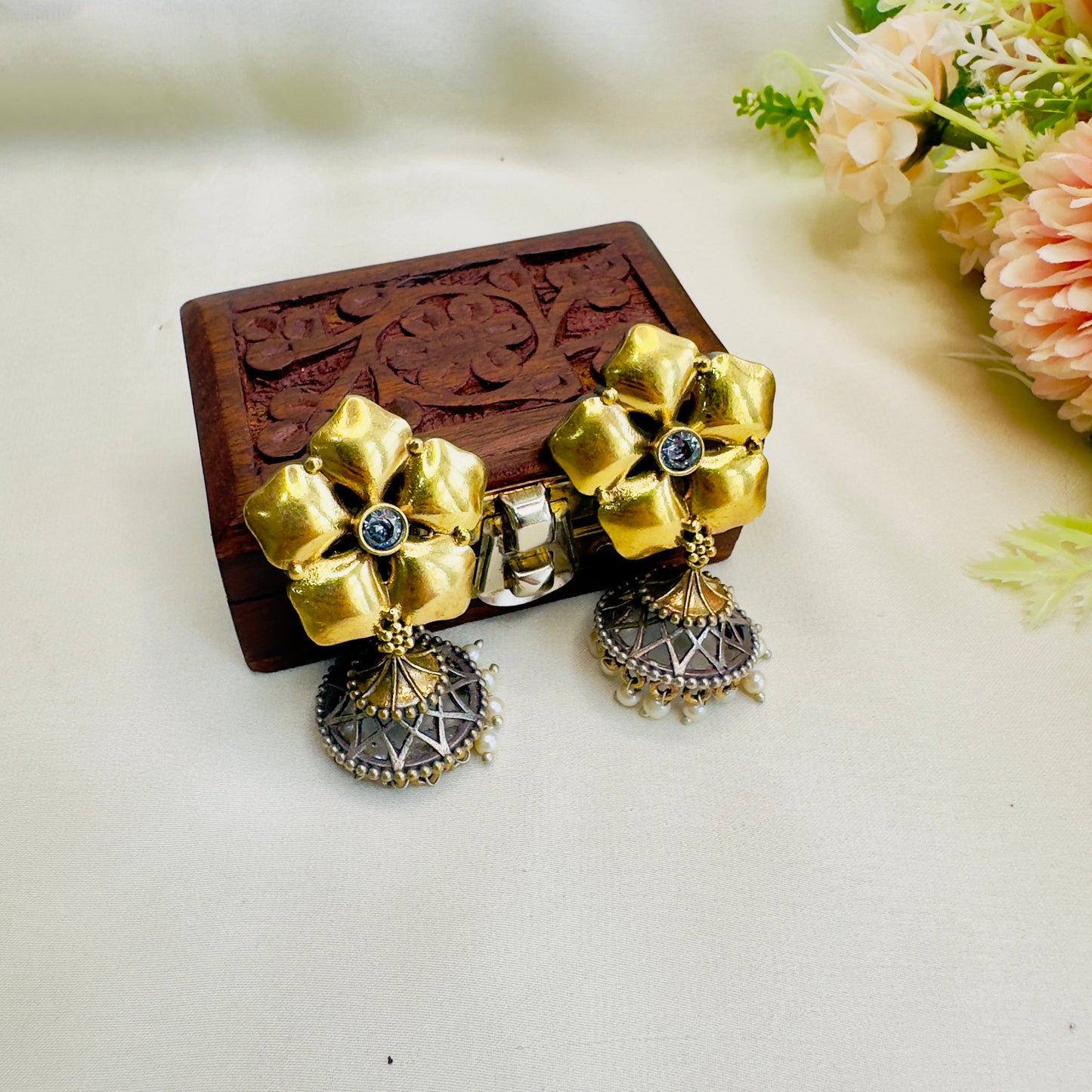 Flower Design Silver Pendant Earrings Set
