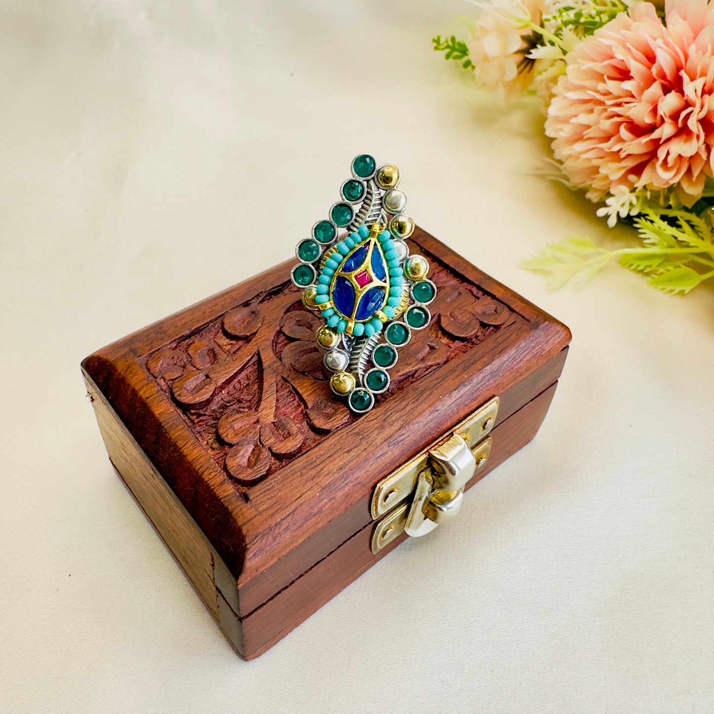 Pachi Kundan Silver Replica Ring