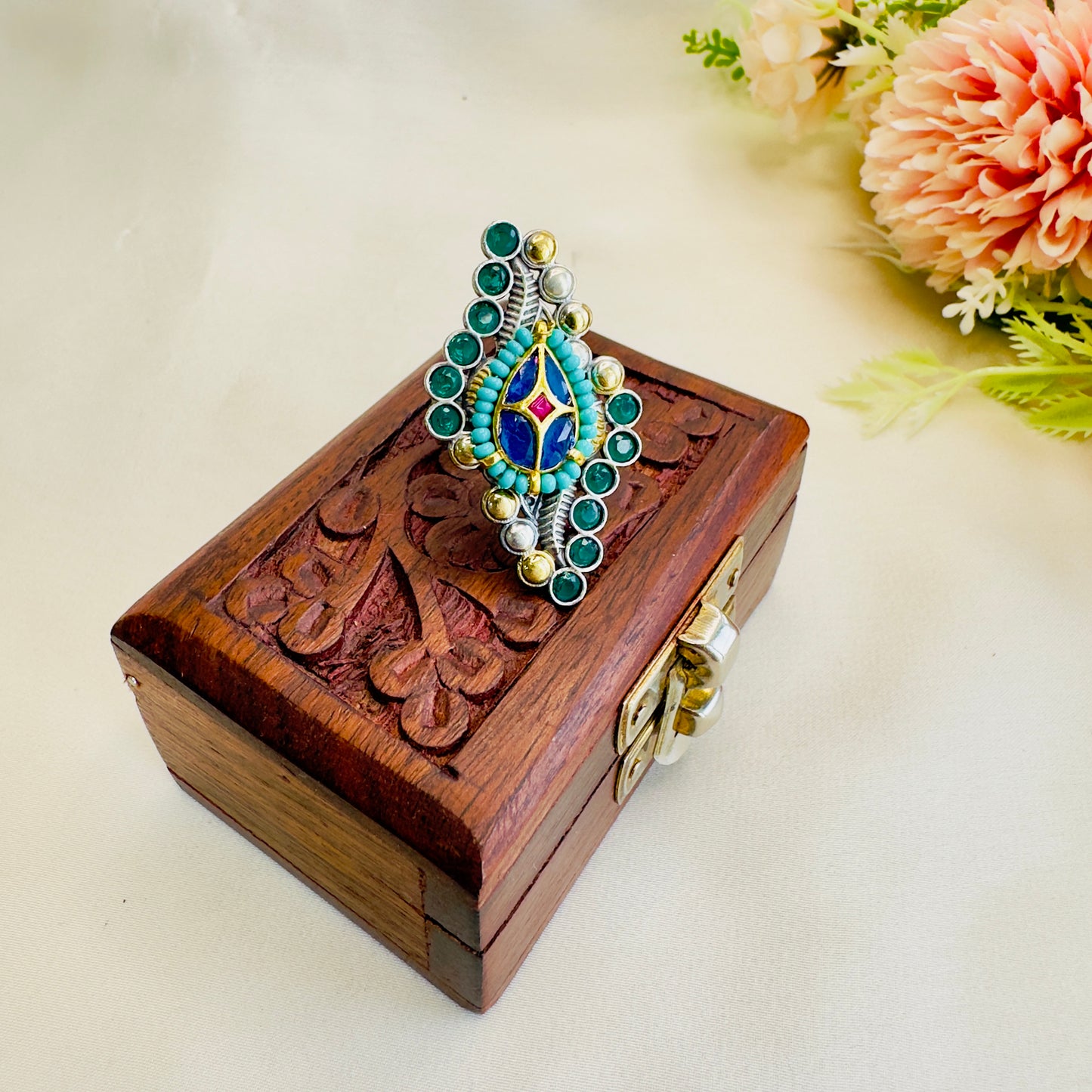 Pachi Kundan Silver Replica Ring